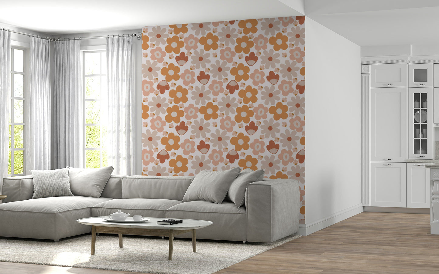 Warm boho floral shapes arranged in a playful repeating wallpaper design.