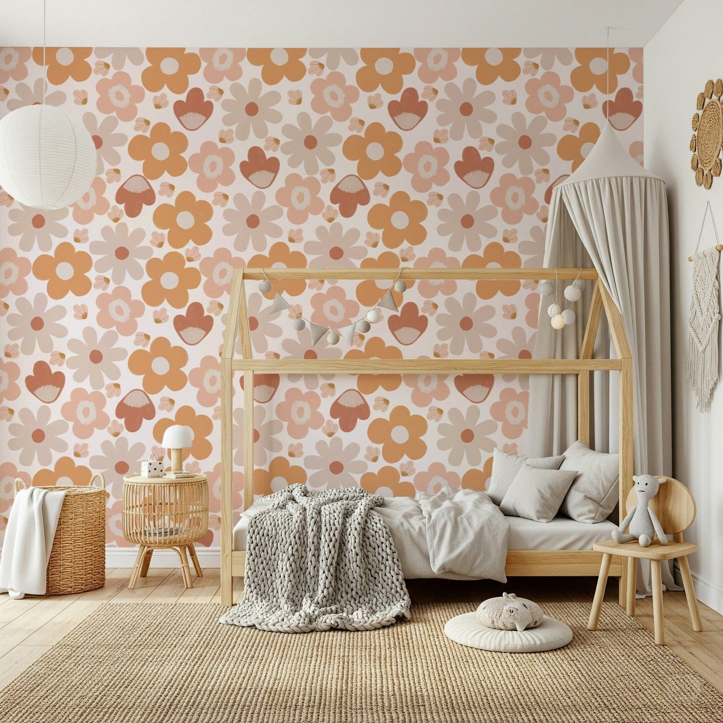 A boho floral wallpaper featuring warm earthy flowers in soft peach, terracotta, and beige tones.