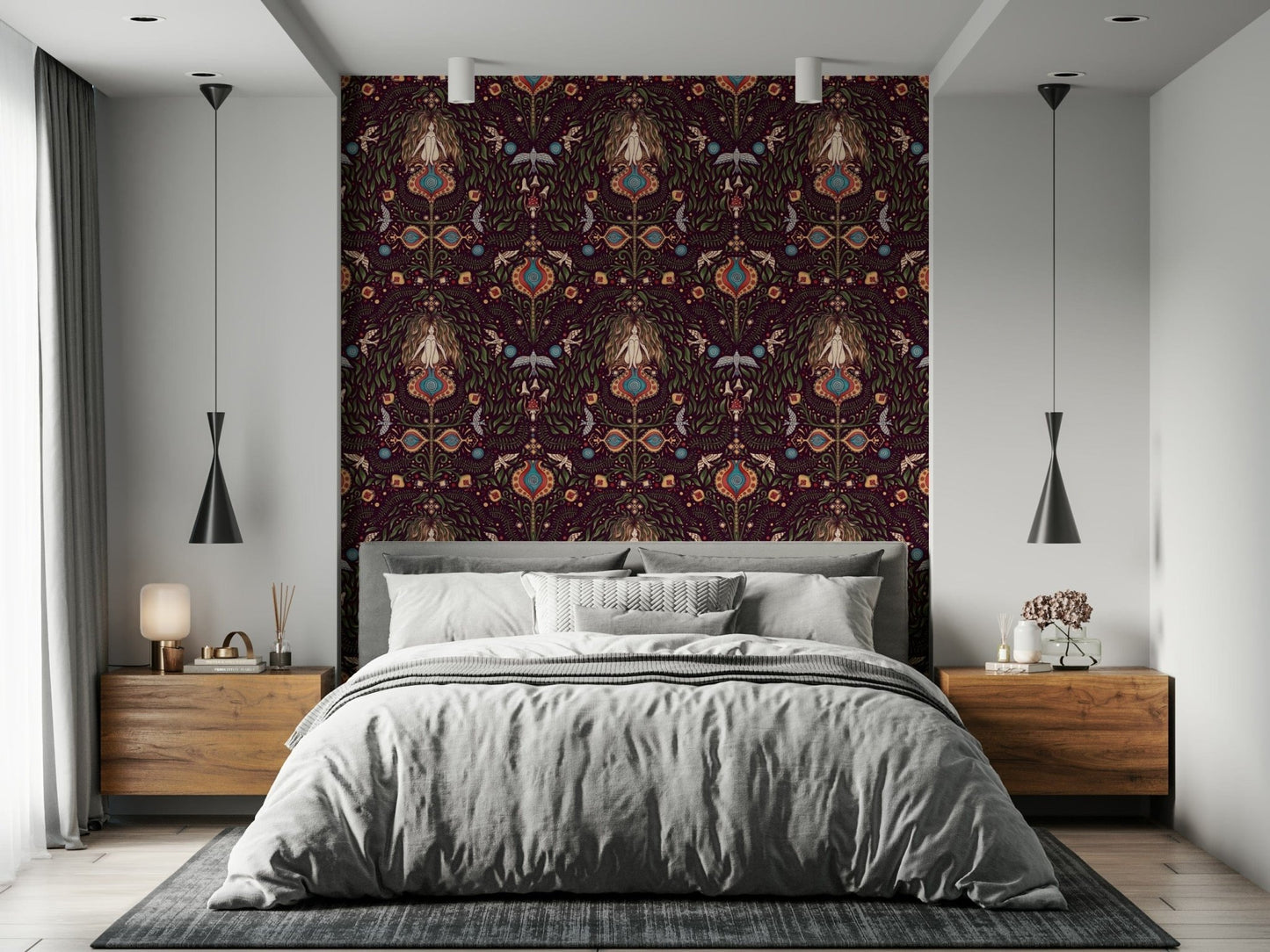 Boho Forest Dream wallpaper showcasing symmetrical forest scenes with leaves, birds, and magical motifs.