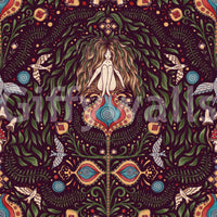 Enchanted forest wallpaper featuring stylized plants, animals, and symbolic boho shapes.