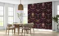 Textured wallpaper mural with complex bohemian motifs inspired by magical forest landscapes.