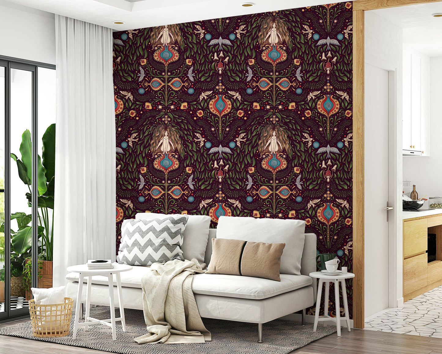 Artistic wallpaper mural with vibrant bohemian shapes forming an intricate forest-inspired design.