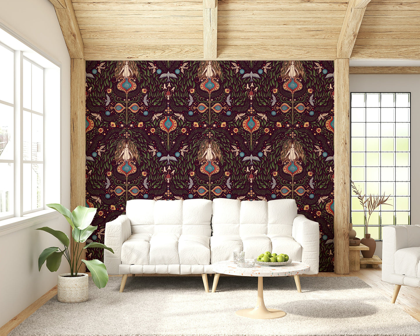 Nature-inspired wallpaper mural with richly detailed bohemian patterns and enchanted forest imagery.
