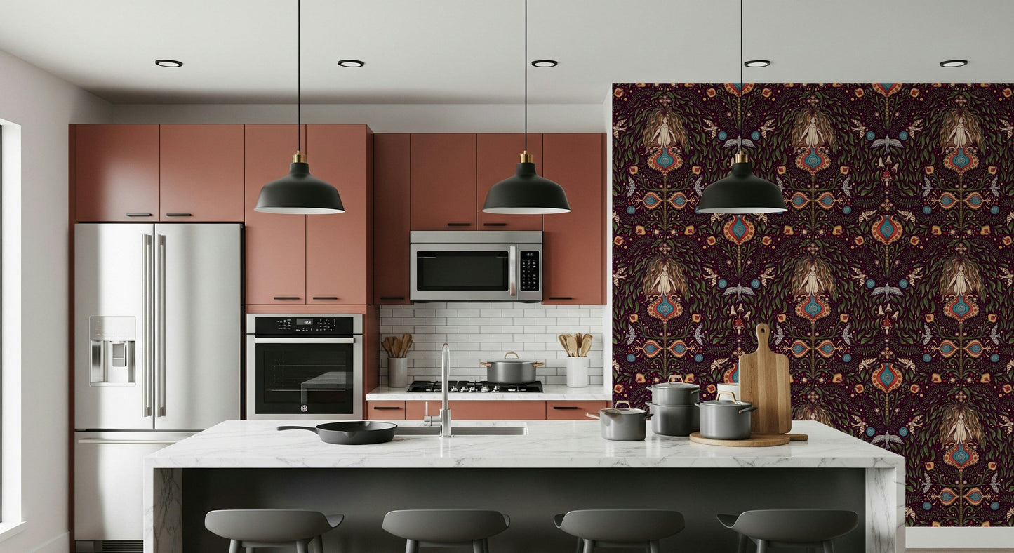 Whimsical wallpaper mural with stylized woodland elements, earthy tones, and detailed boho illustrations.