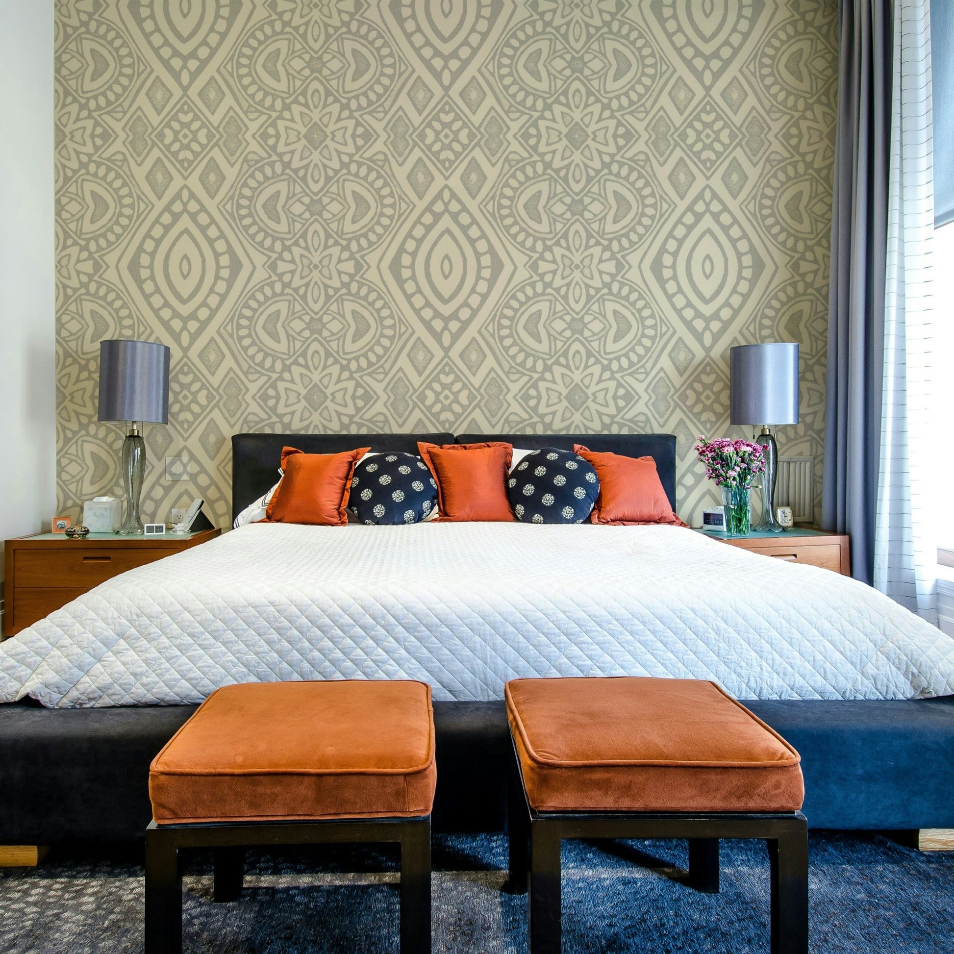 The wallpaper is installed in a formal, elegant living room.

