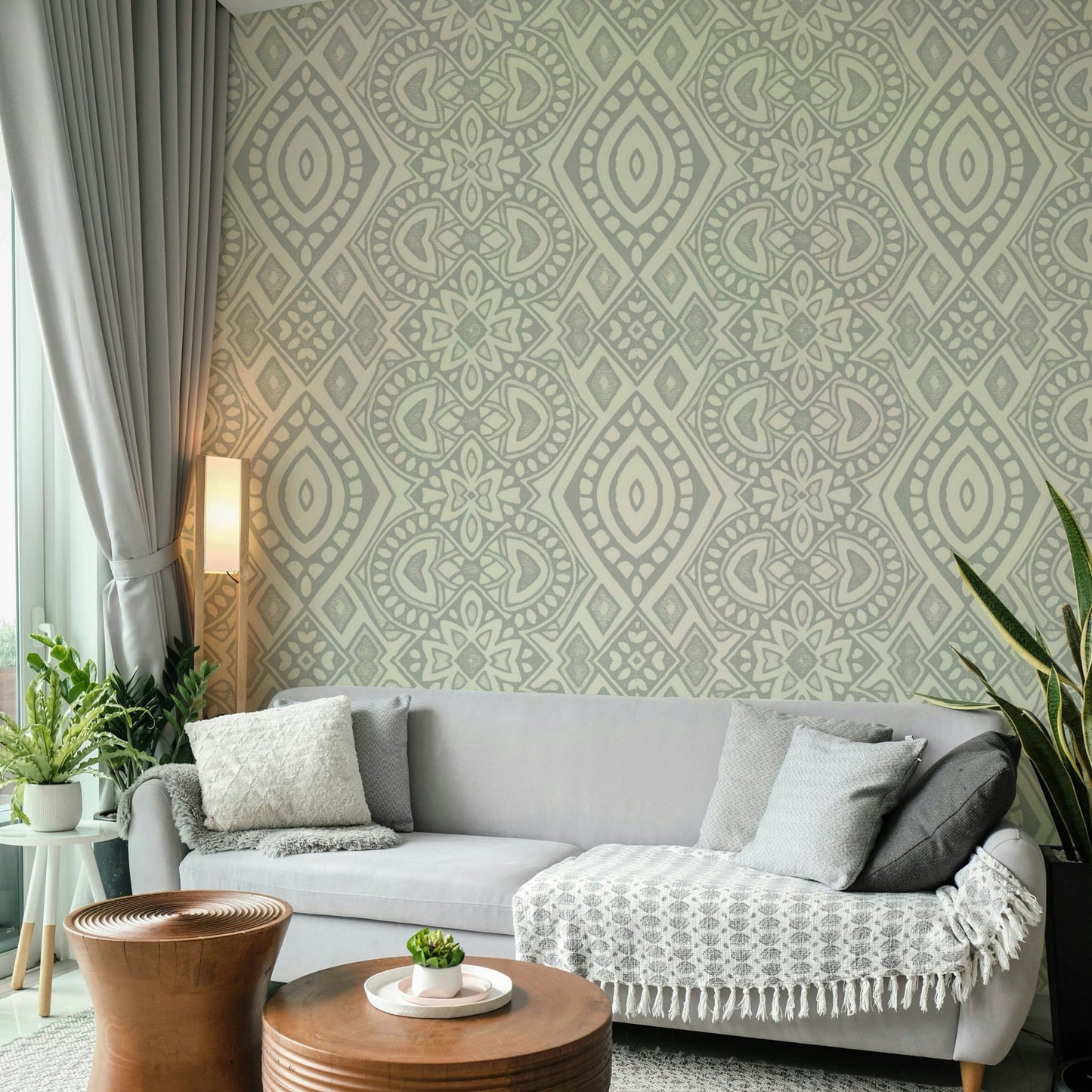 The image shows a repeating design of a mosaic of shapes.

