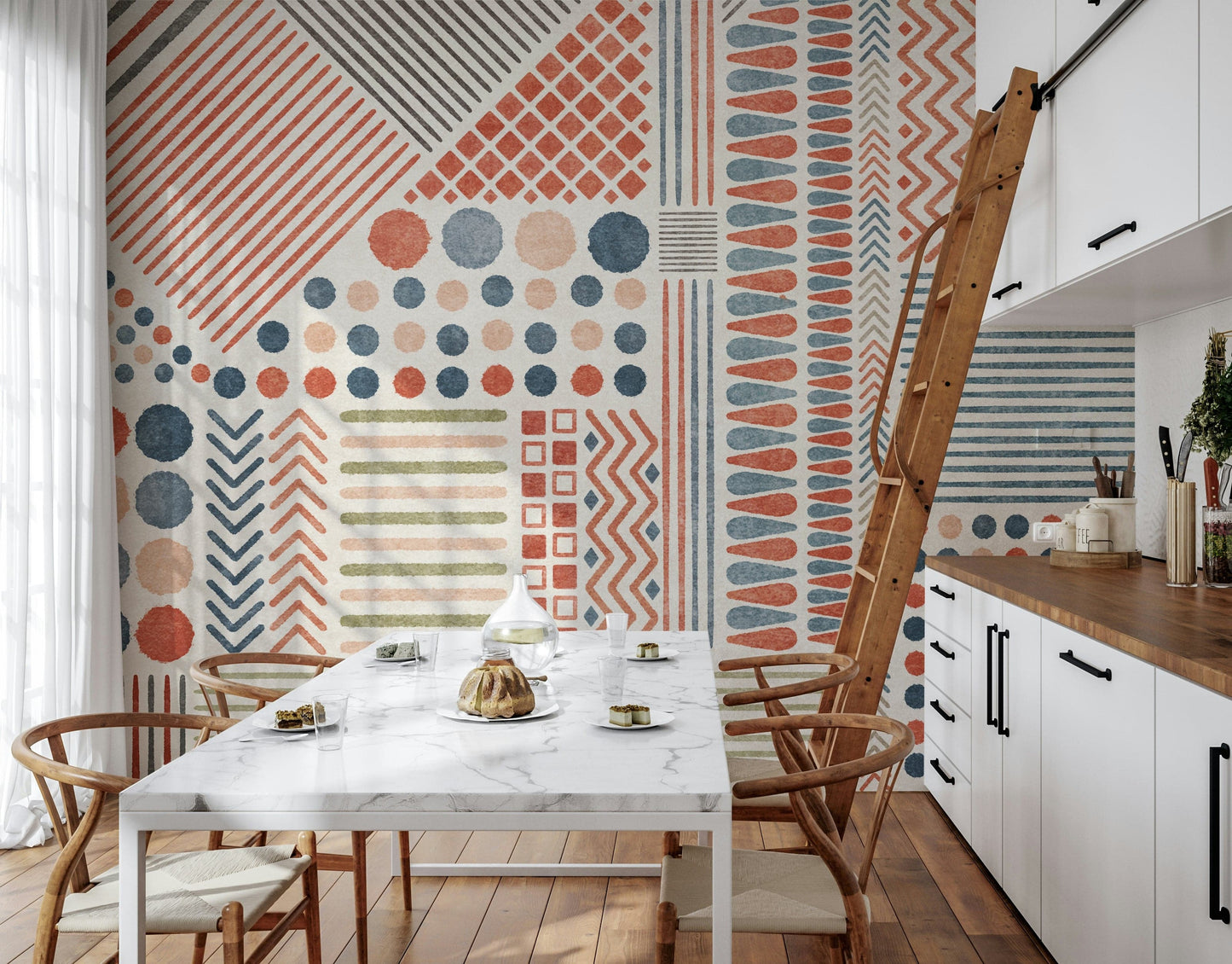 A beautiful abstract geometric wallpaper mural in boho and earth tones.