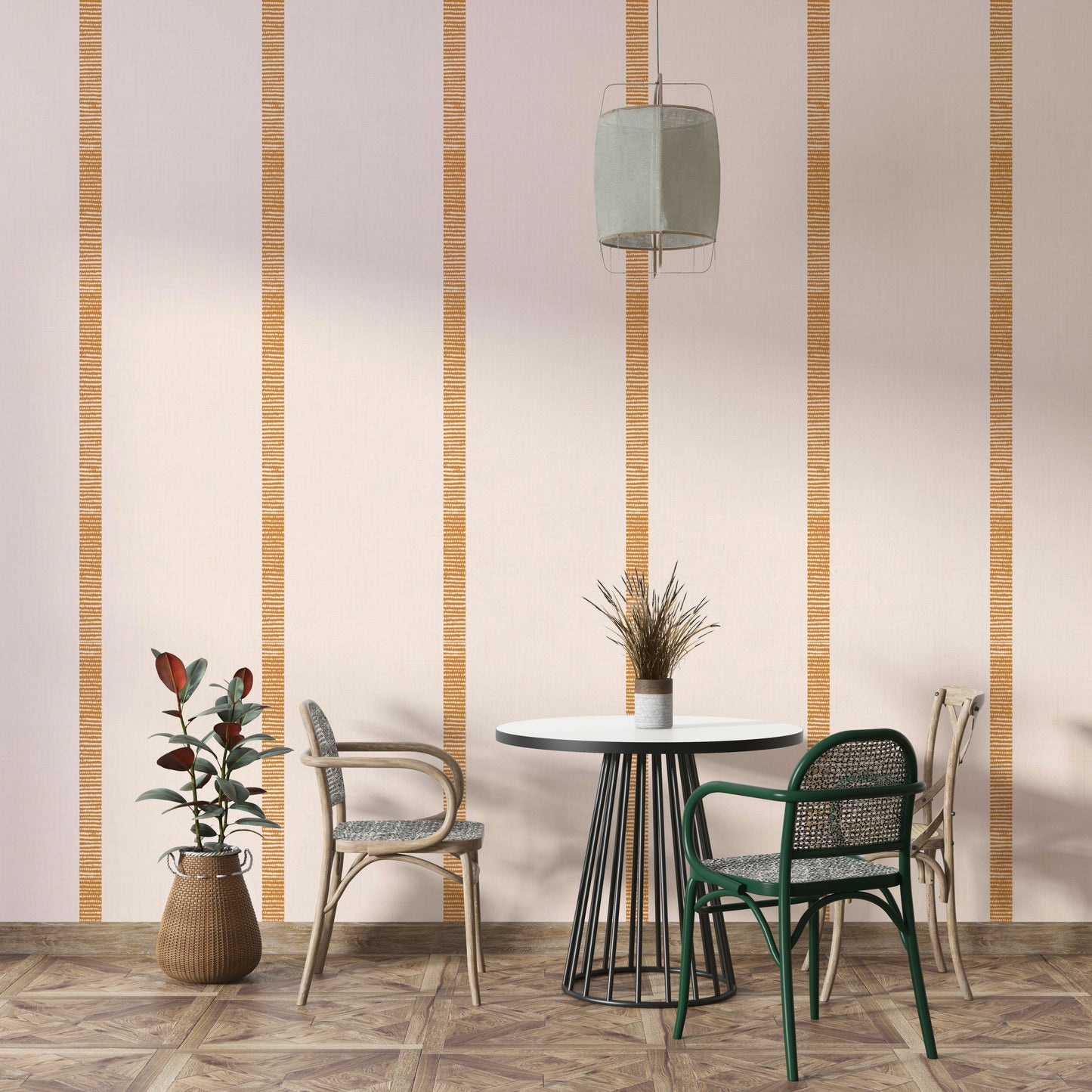 Boho golden striped wallcovering in soft beige and brown tones

