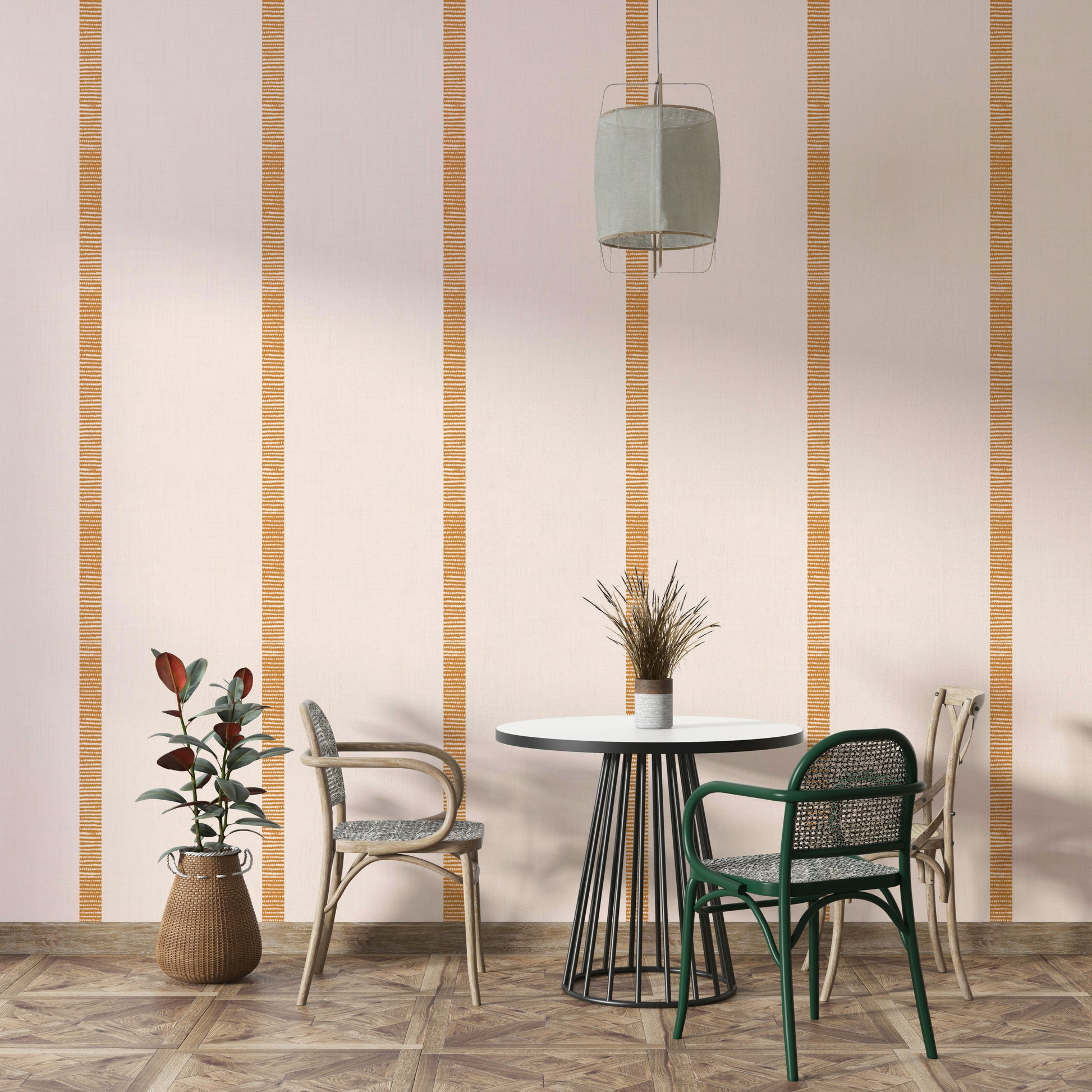 Boho golden striped wallcovering in soft beige and brown tones

