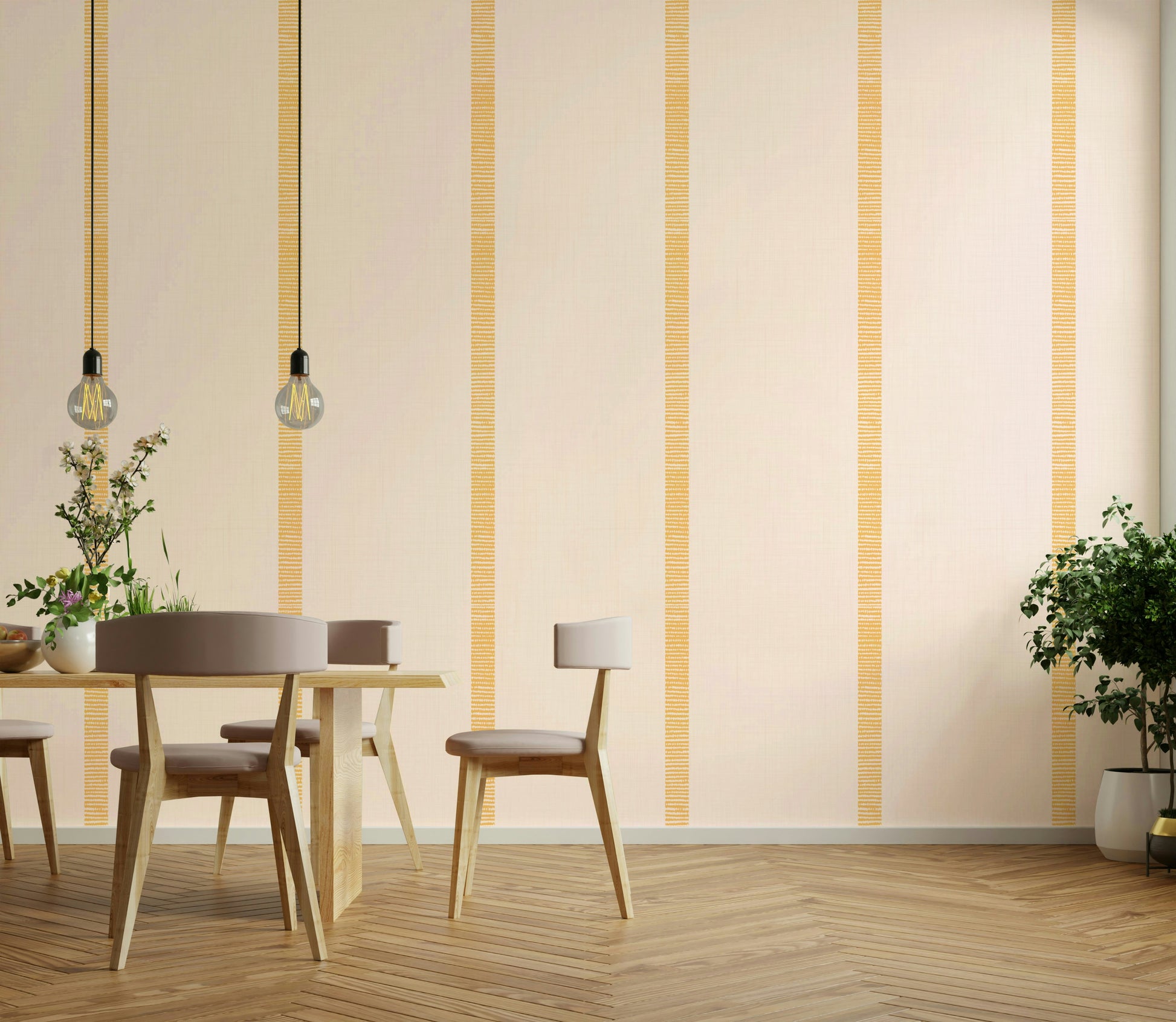 Warm beige wallpaper with golden ocher boho stripes

