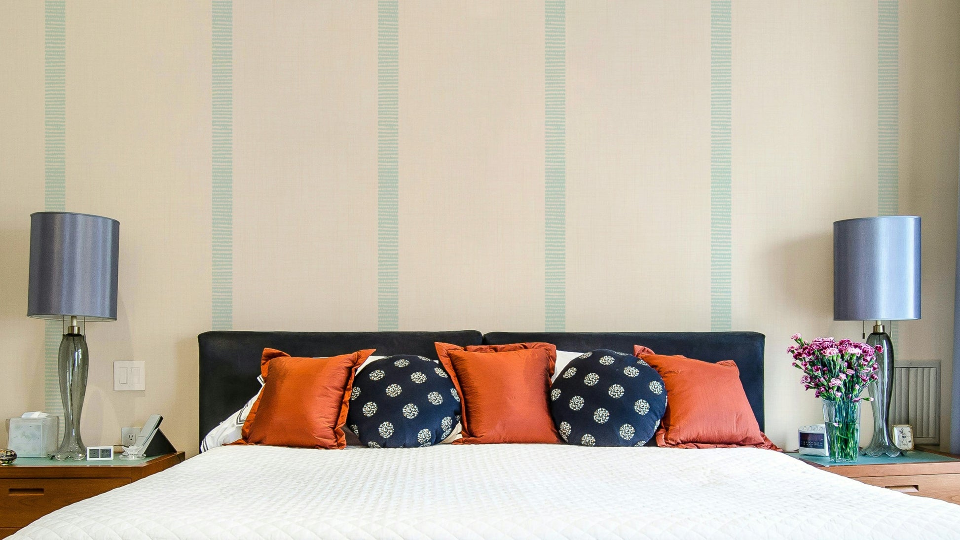 Boho wallpaper with golden harmony stripes in beige and soft blue


