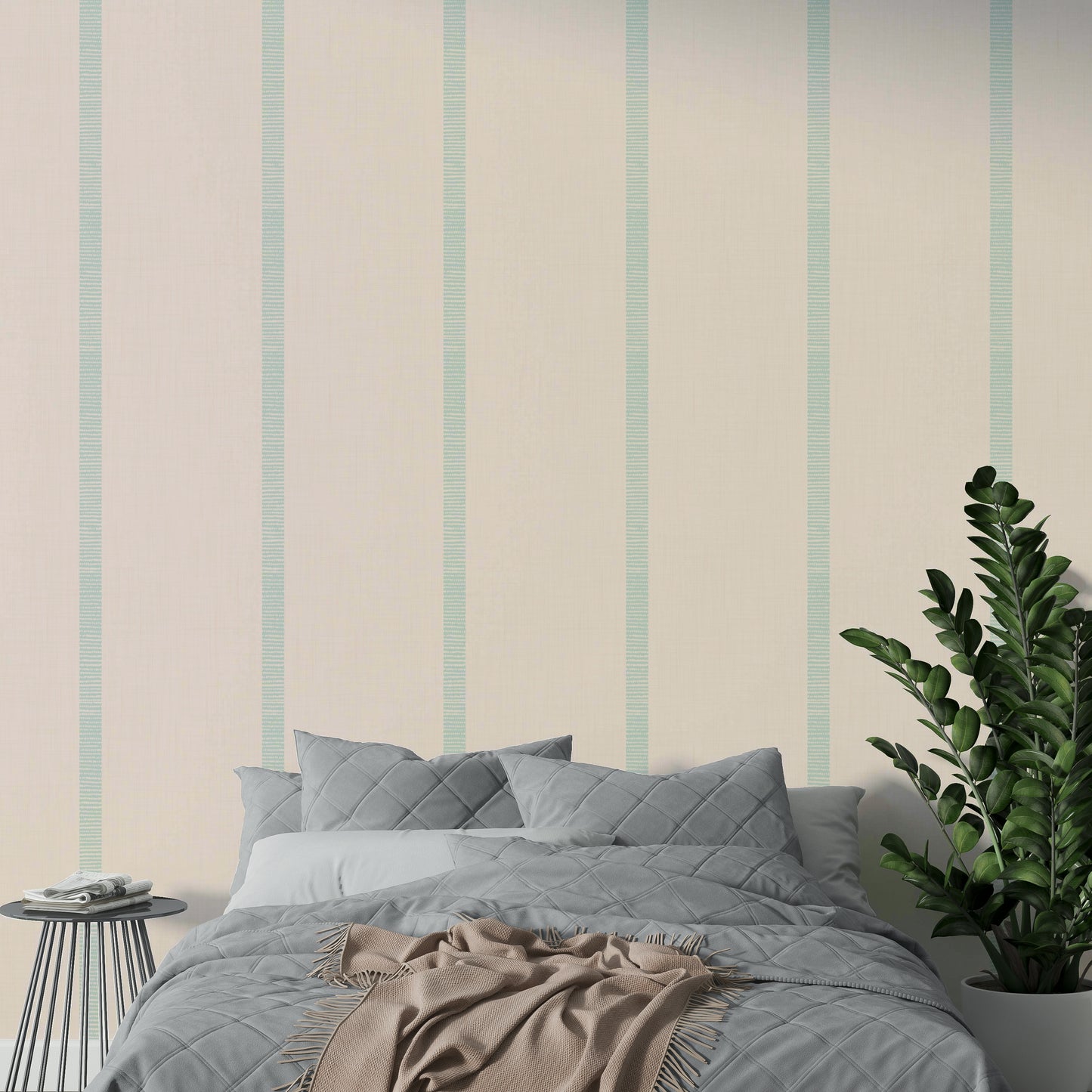 Elegant boho wallpaper with beige, blue, and golden stripe design

