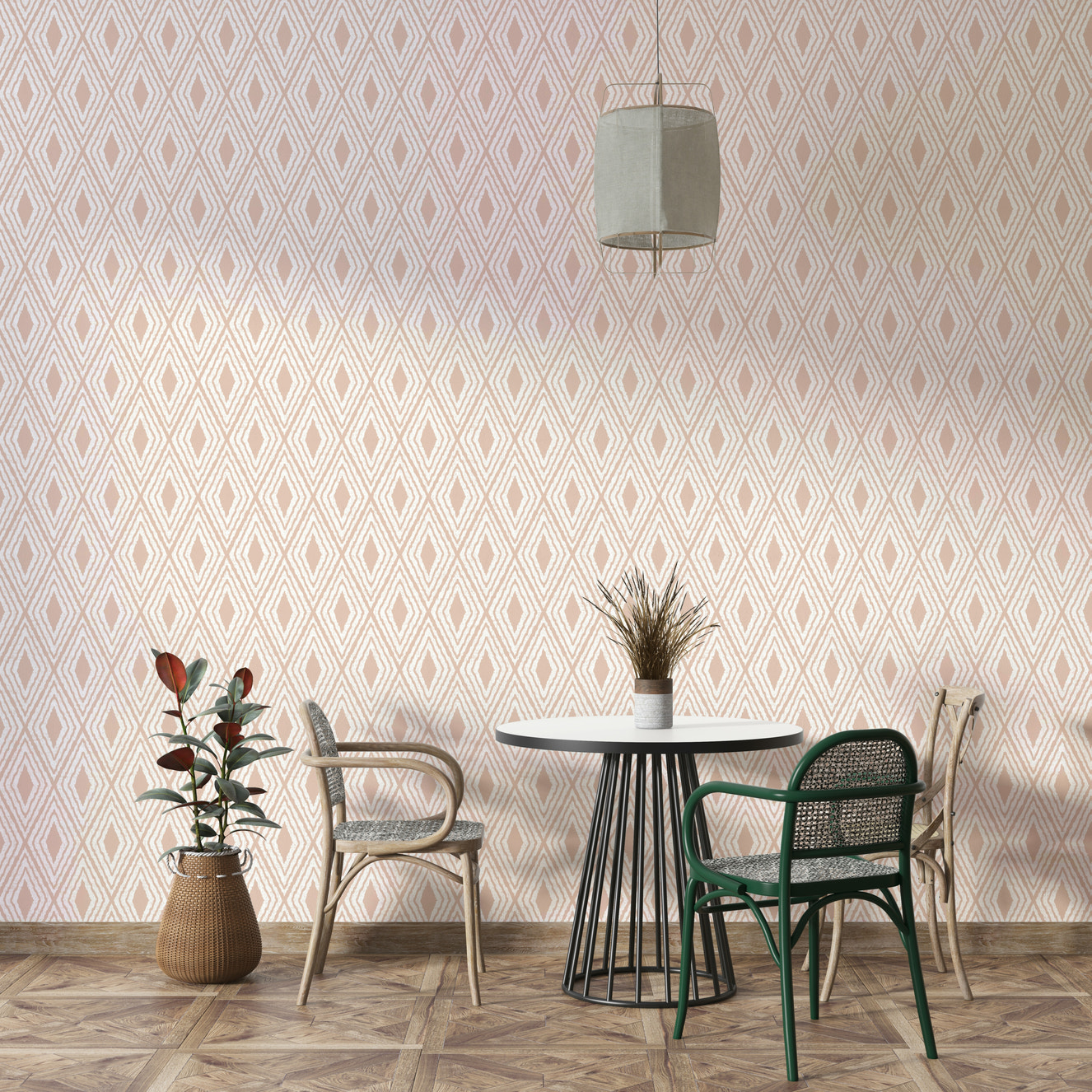 Harlequin pattern in soft tan wall design

