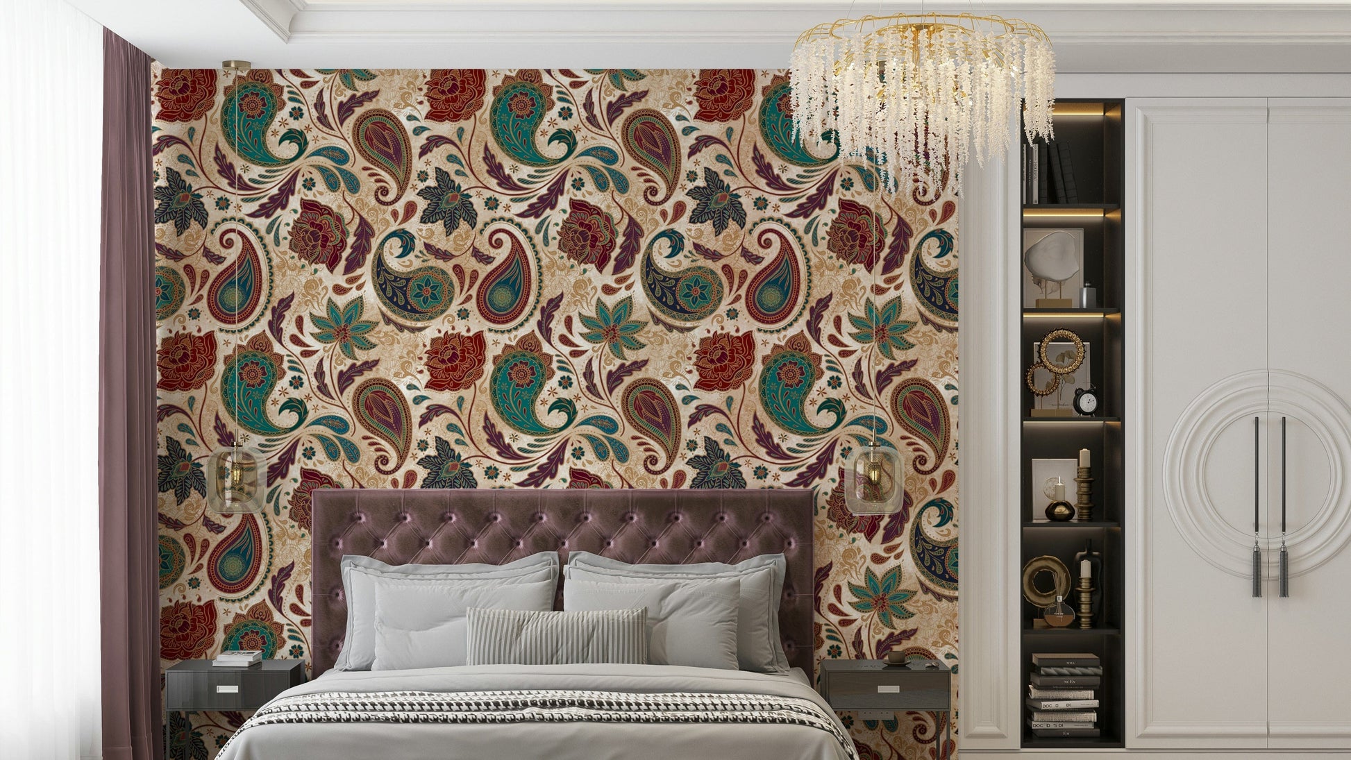 The design is rich with jewel-toned colors like sapphire blue and ruby red.
