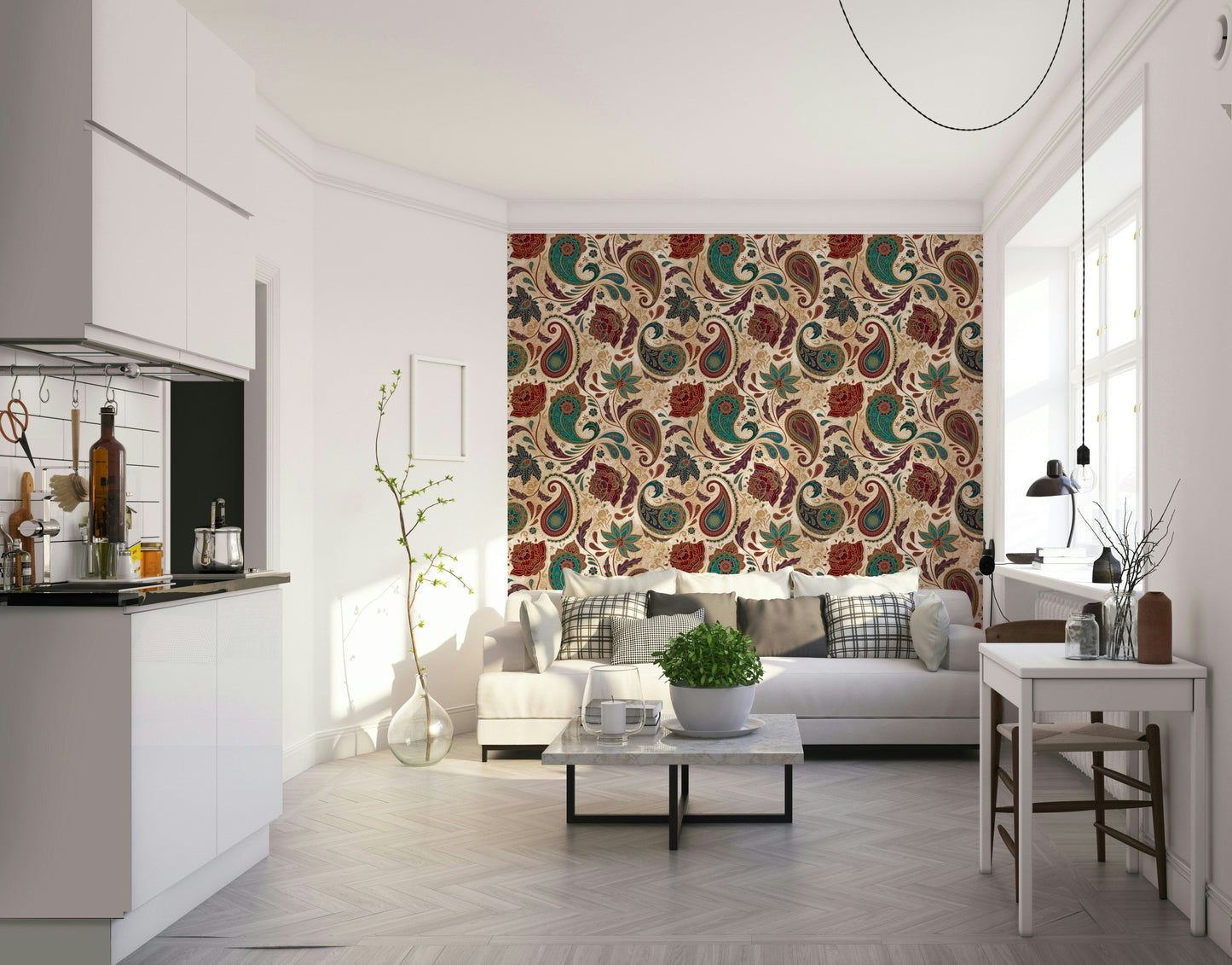 A full-wall mural showing an intricate paisley pattern.
