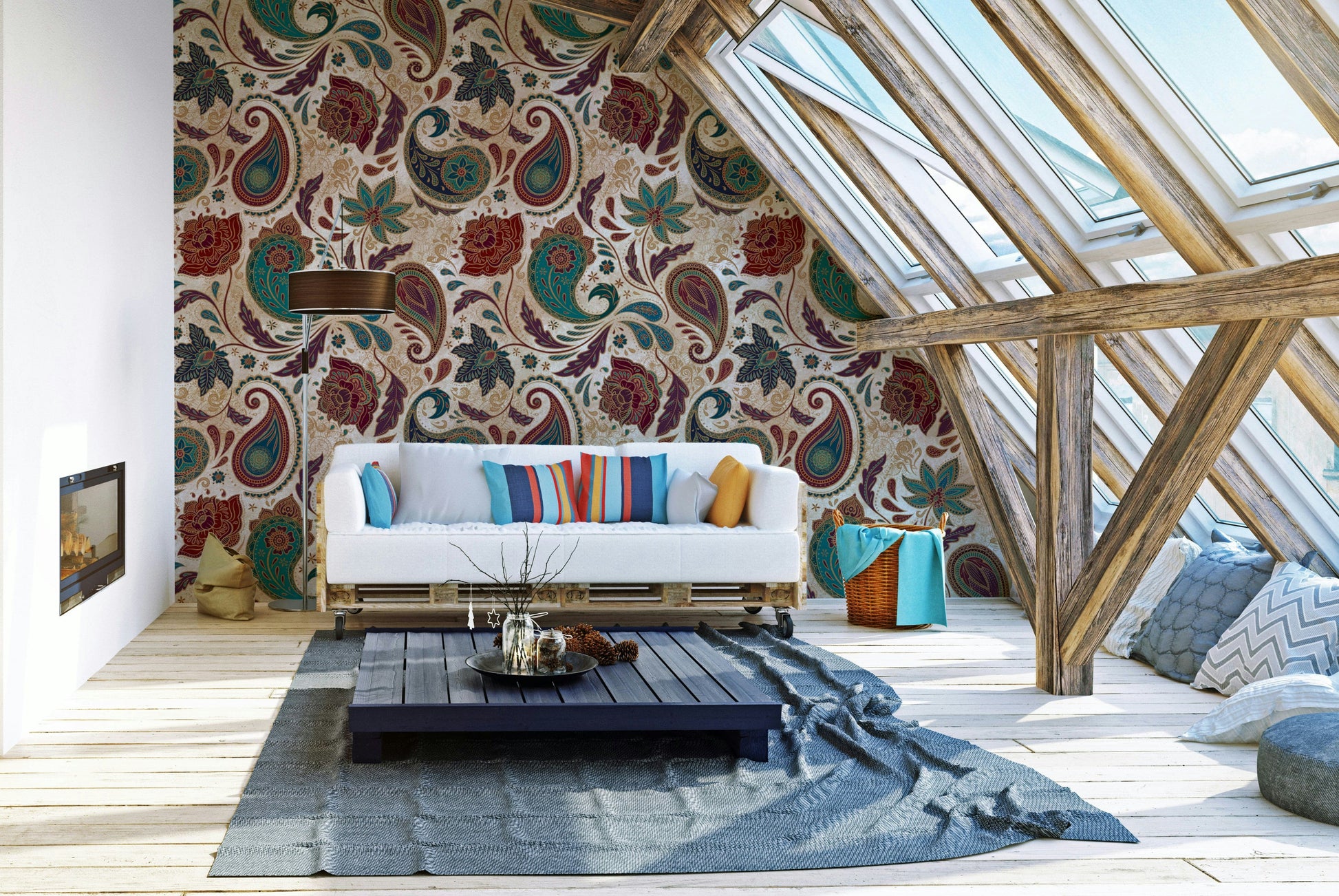 The mural is created for an entire wall, providing a luxurious backdrop.
