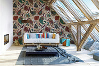The mural is created for an entire wall, providing a luxurious backdrop.
