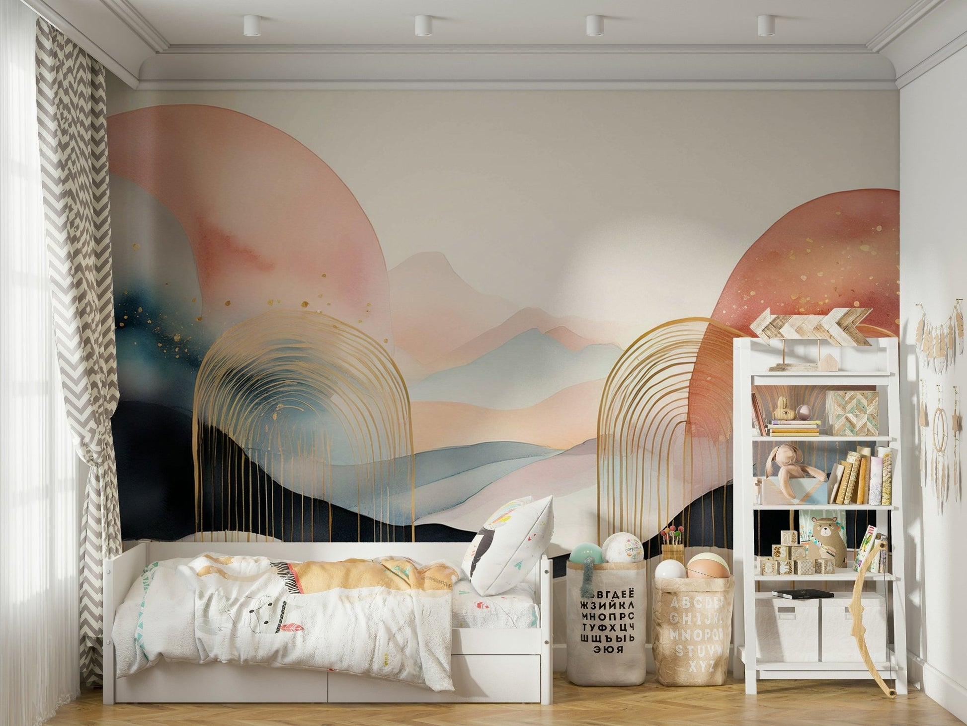 Dreamy kids mural with whimsical boho landscape

