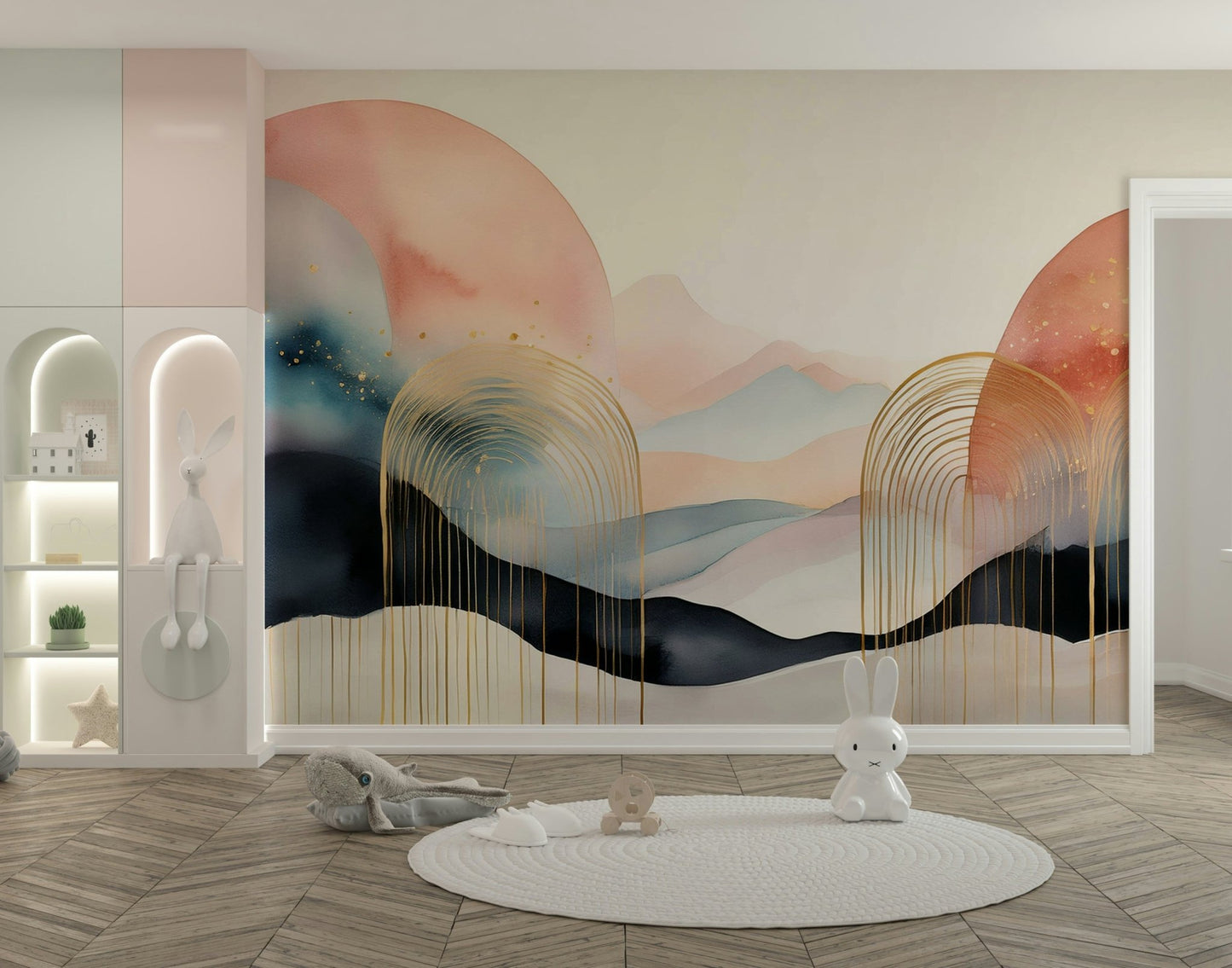 Boho-themed mural with clouds, moons, and shapes

