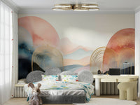Boho Dreamscape mural featuring moons and hills

