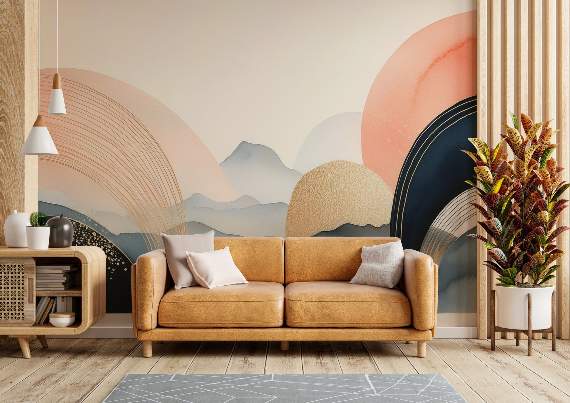 Whimsical cloud mural in pastel boho tones

