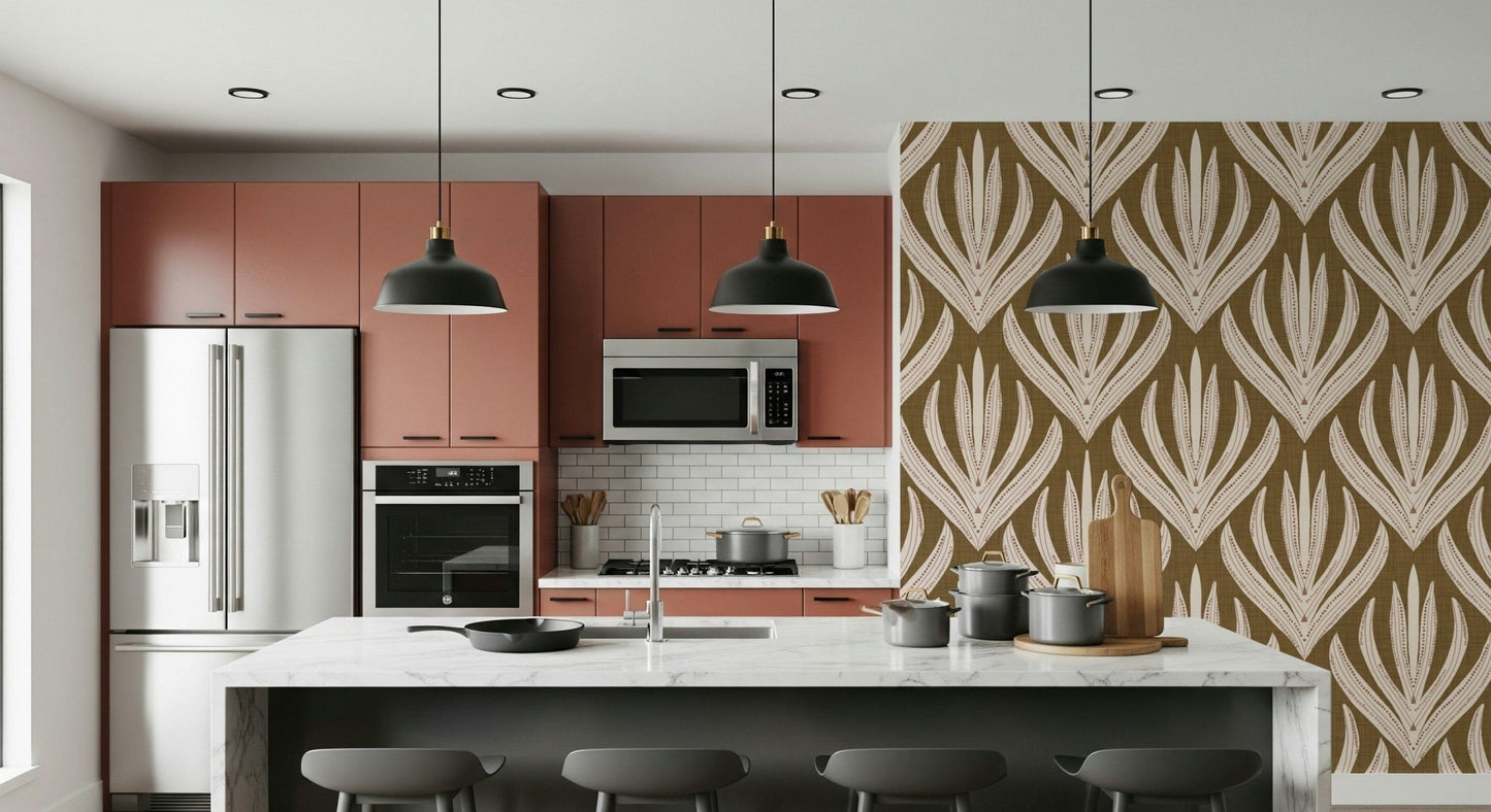 Boho Leaf Symmetry wallpaper with large, repeating leaf shapes forming a rhythmic geometric pattern.