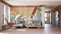 An artistic abstract leaf mural on minimalist wallpaper.

