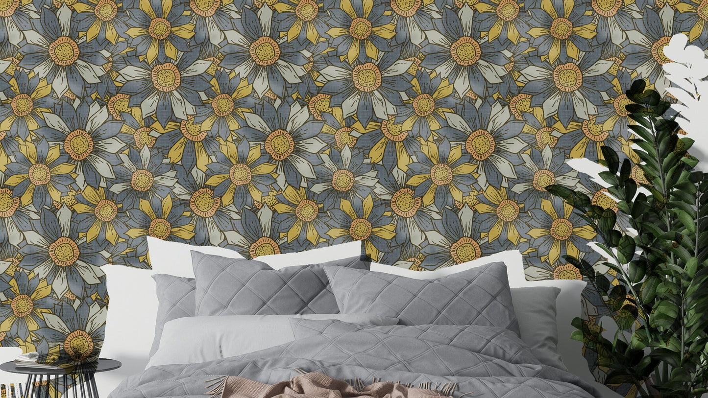 Boho Maximalist Flowers Golden and Gray Wallpaper