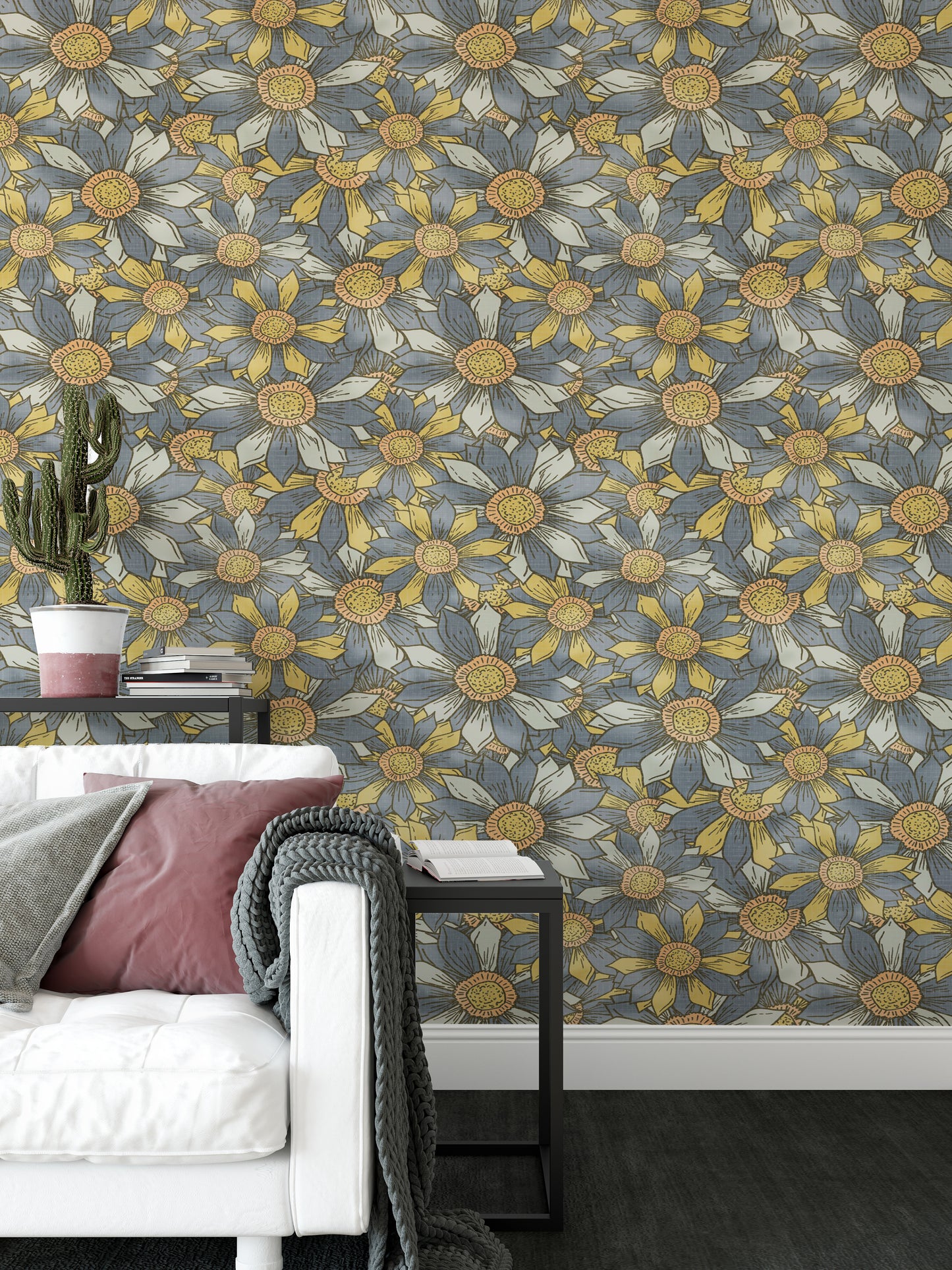 Boho Maximalist Flowers Golden and Gray Wallpaper