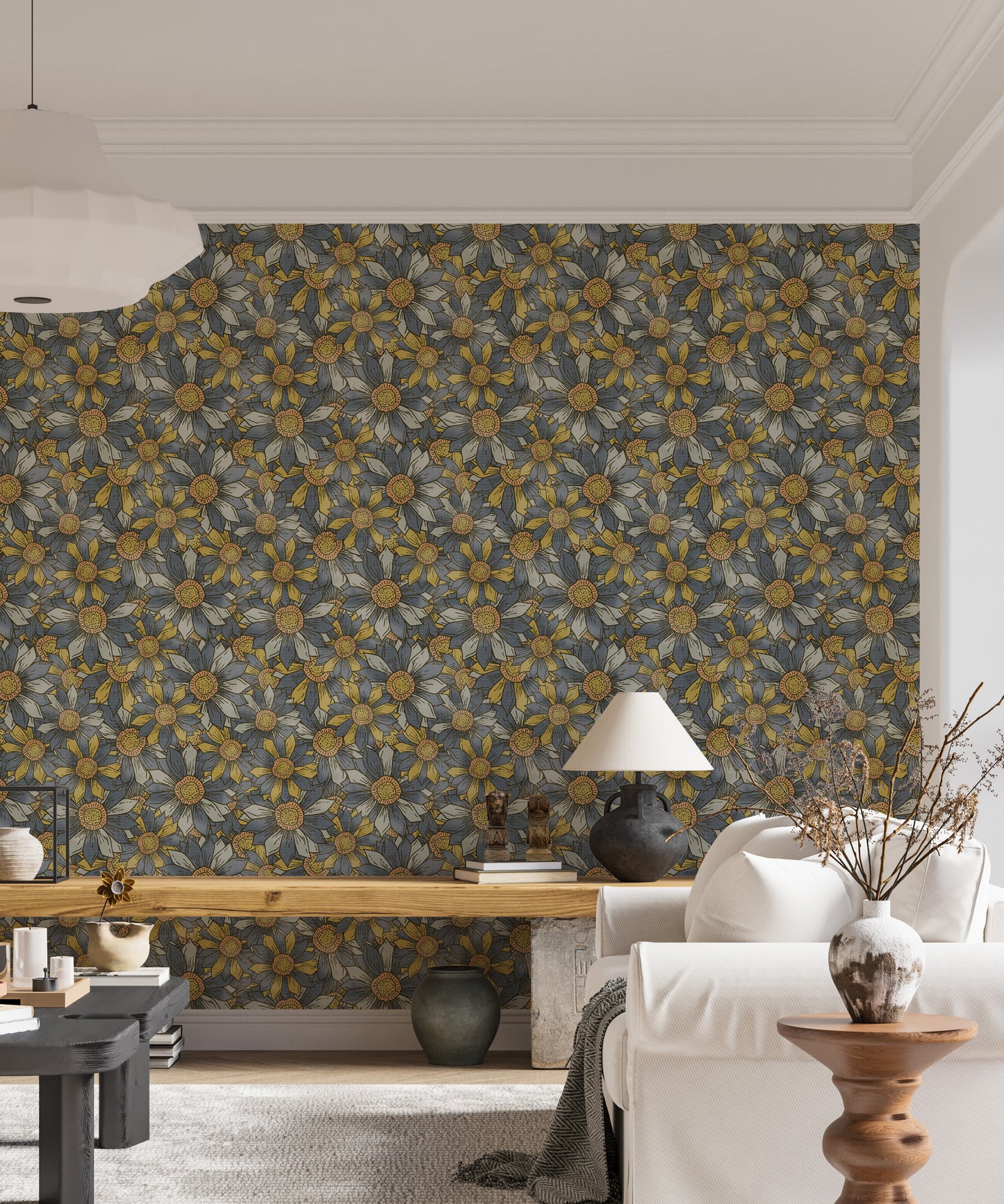 Boho Maximalist Flowers Golden and Gray Wallpaper