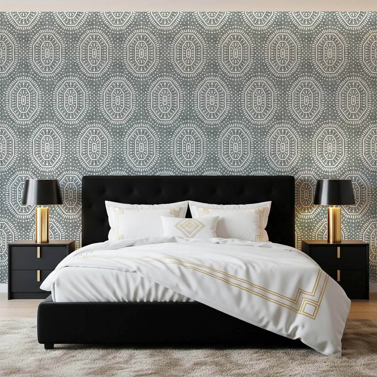 Boho Octagons Crochet Grunge Calming Blue Wallpaper⁠