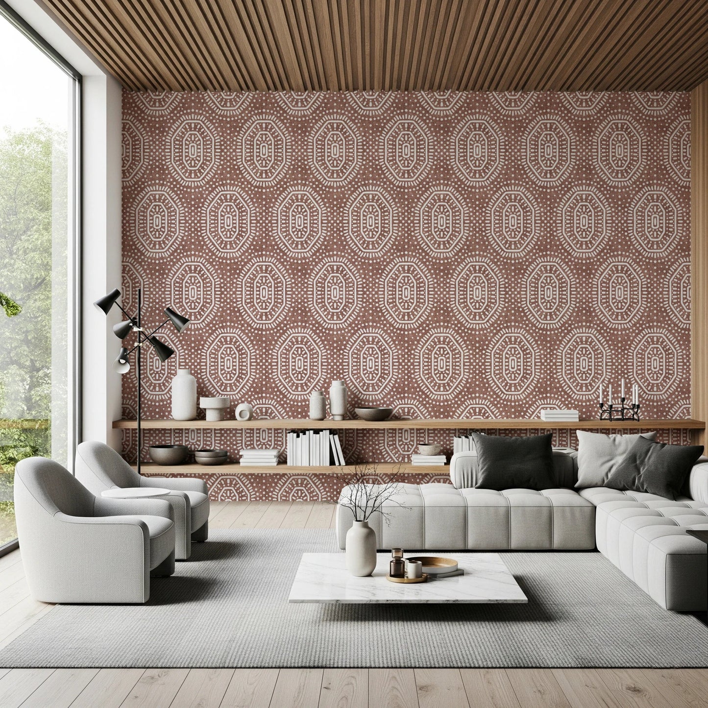 Boho Octagons Crochet Grunge Terracotta Red Wallpaper⁠