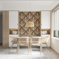 Artistic wallpaper mural with symmetrical leaf patterns inspired by boho and tribal design elements.