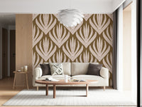 Patterned wallpaper featuring symmetrical boho leaves arranged in a vertical repeating formation.