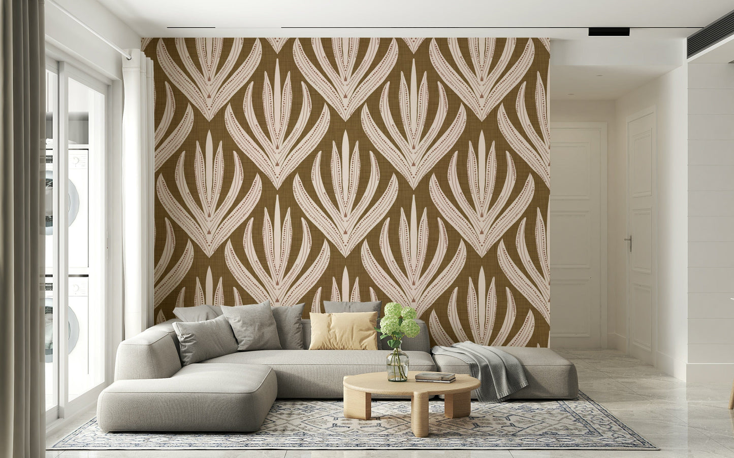 Symmetrical bohemian wallpaper mural with large decorative leaf patterns arranged in a repeating layout.