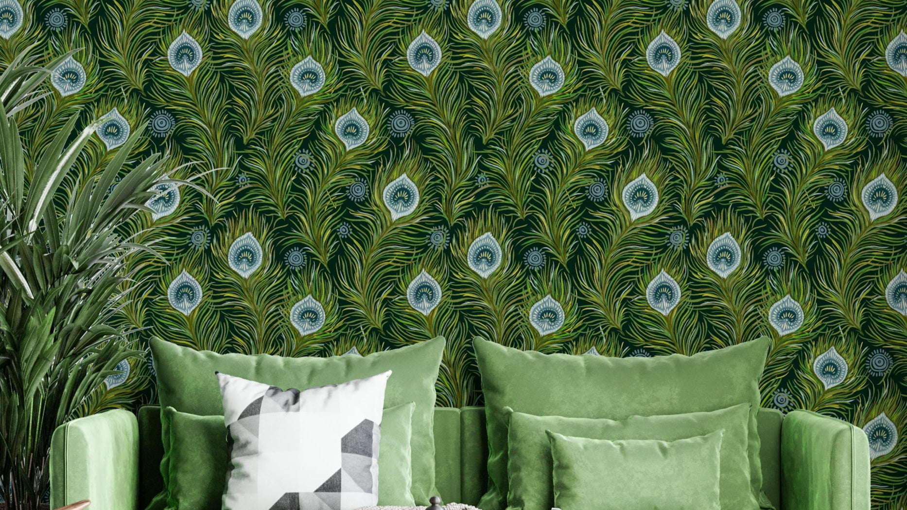 Blue and green peacock feathers on dark background

