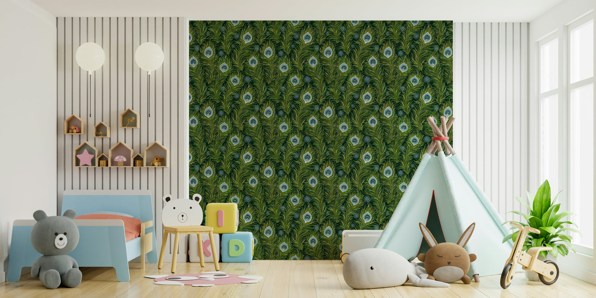 Bohemian wallpaper with dark blue and green feathers

