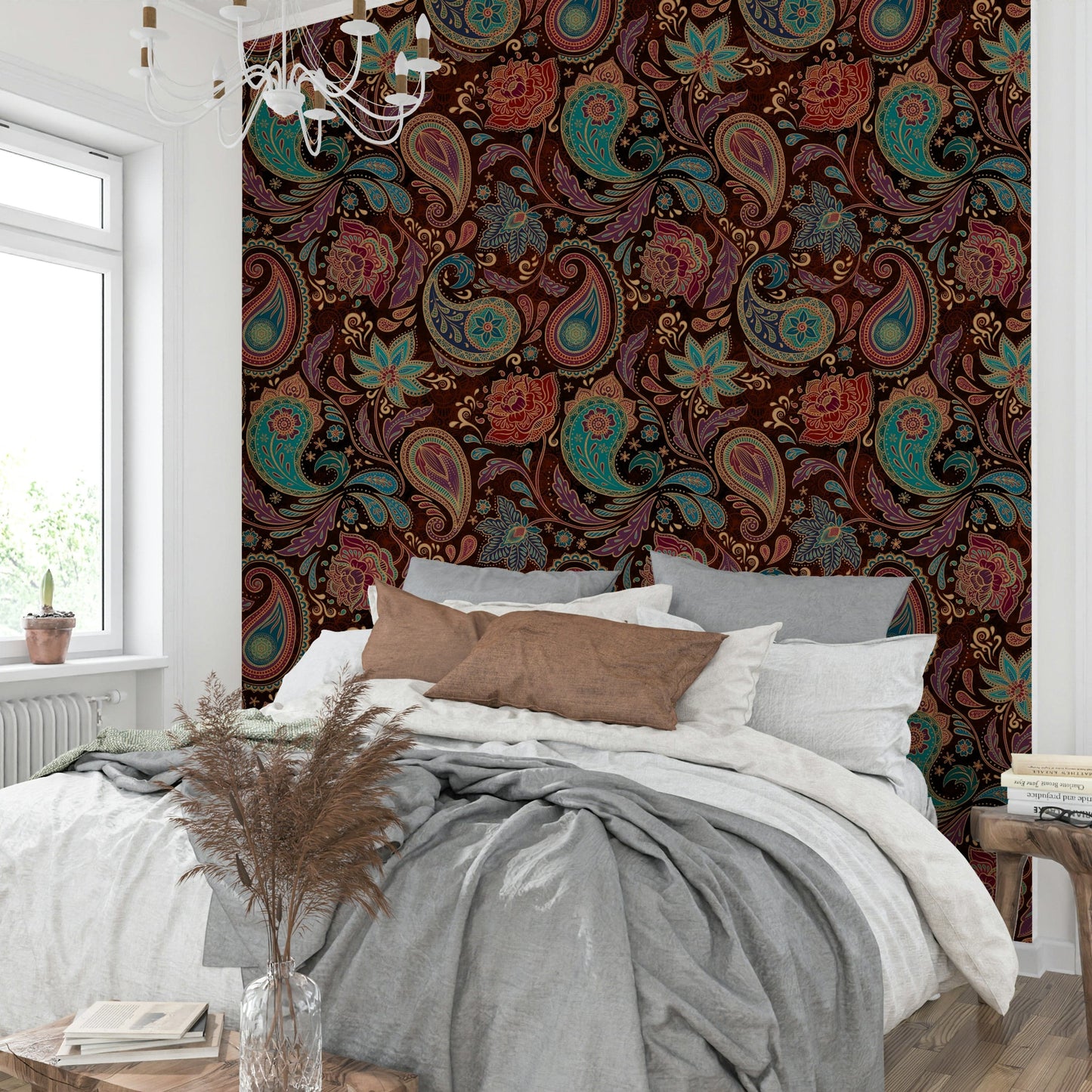 The mural is created for an entire wall, providing a luxurious backdrop.
