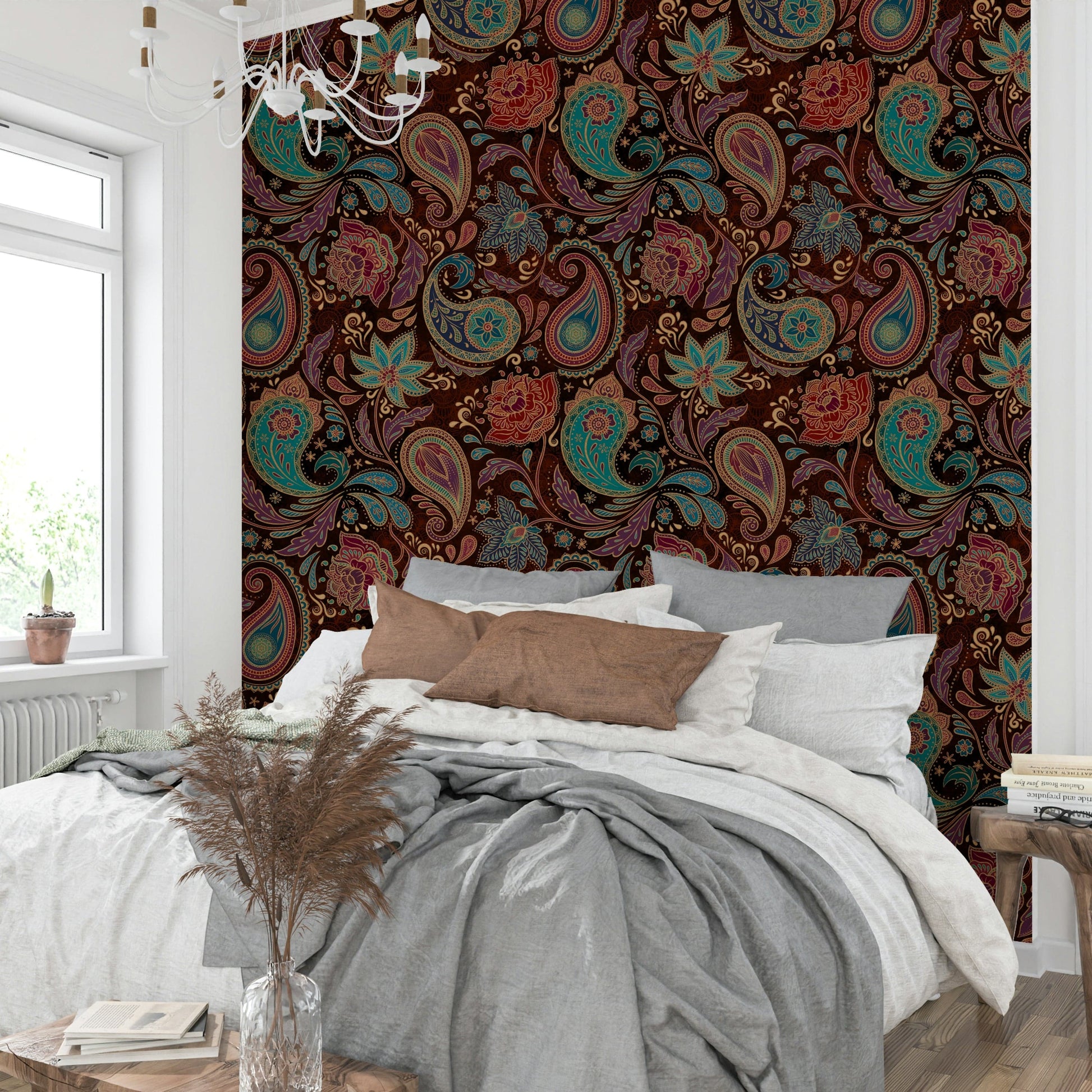 The mural is created for an entire wall, providing a luxurious backdrop.
