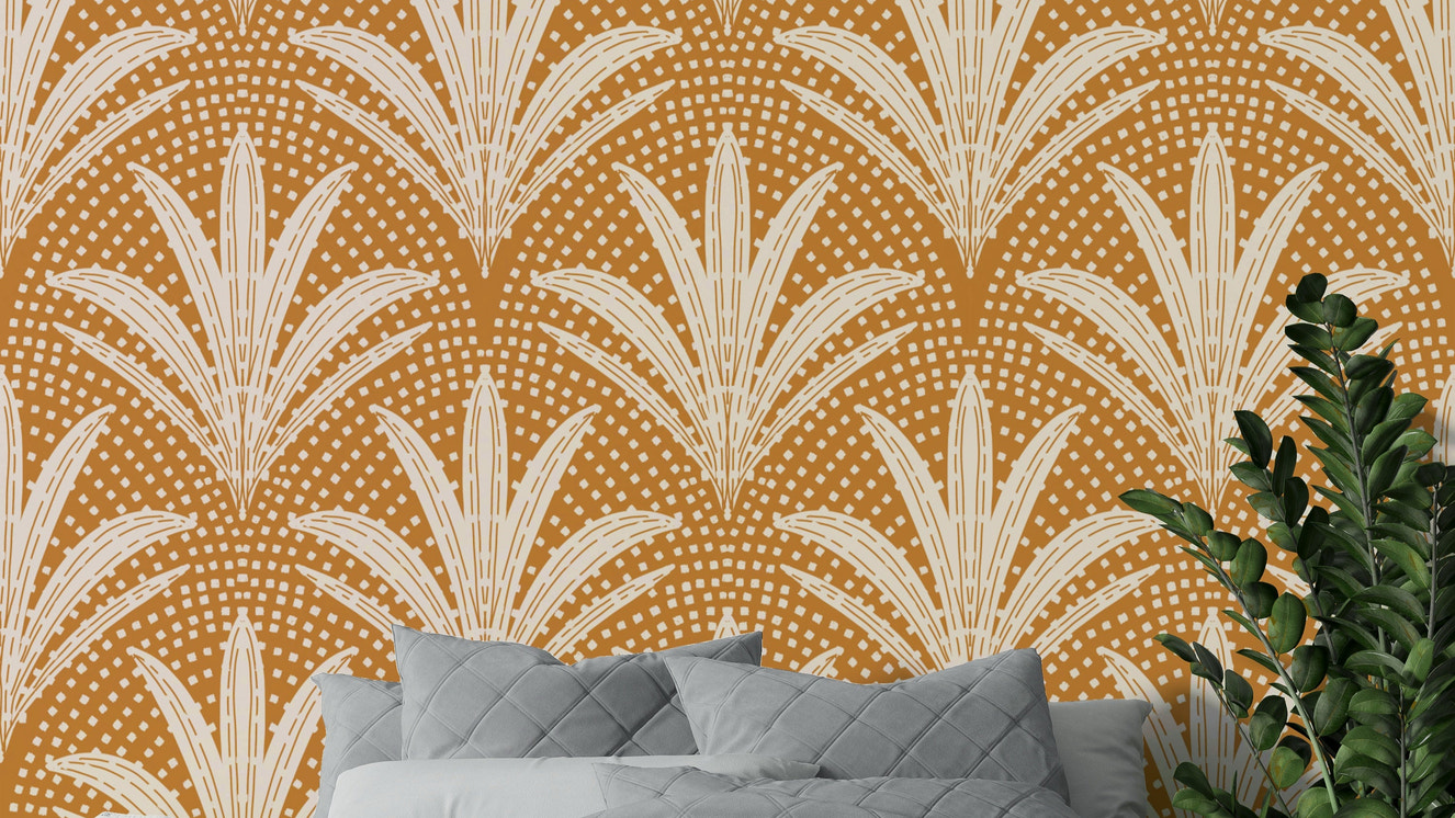 Caramel brown palm leaves wallpaper in rustic style

