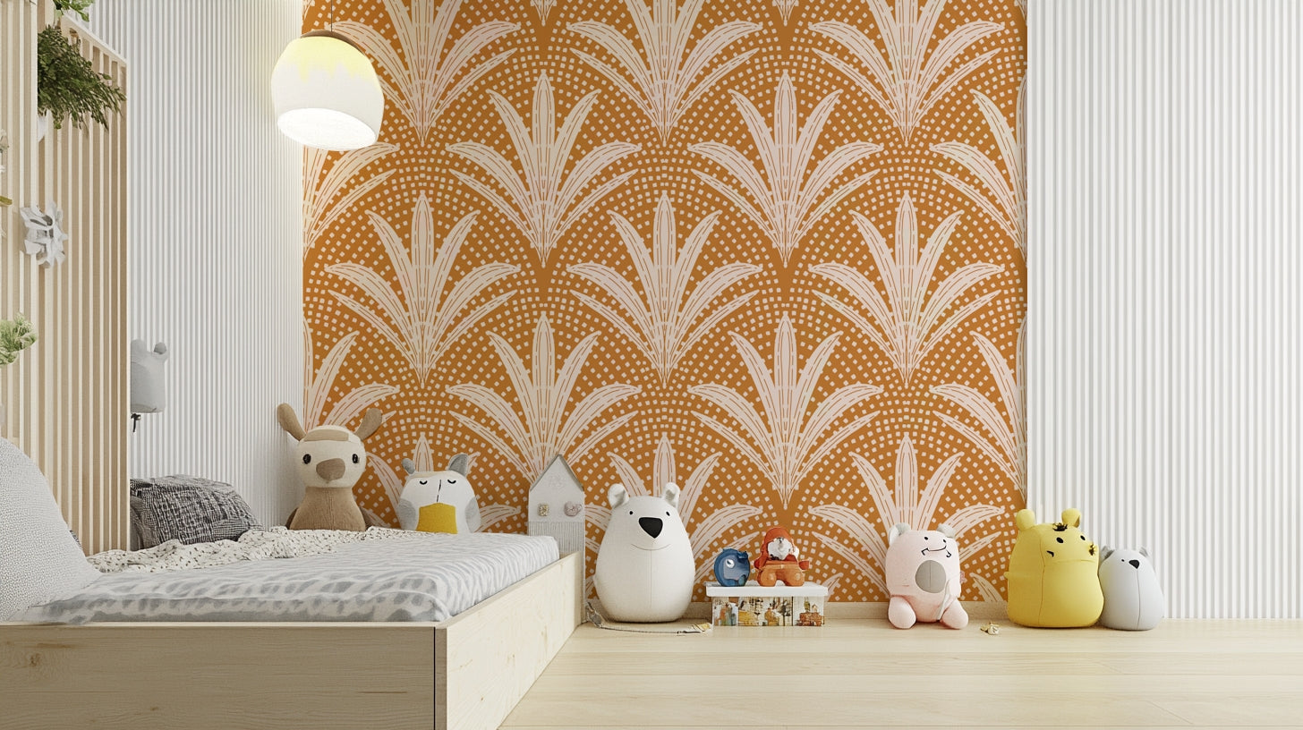 Boho rustic palm wallpaper with caramel brown tones

