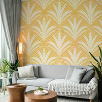 Palm leaf wallpaper with a golden ochre rustic vibe

