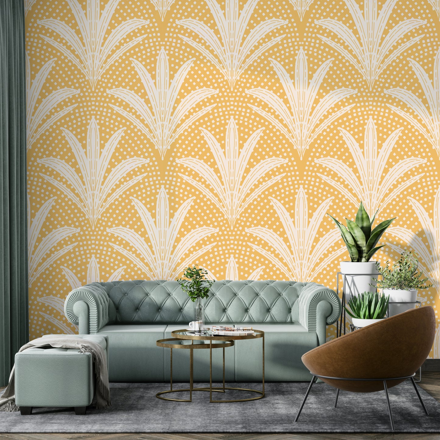 Warm golden ochre wallpaper with palm radiance motif

