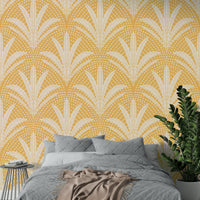 Golden ochre wallpaper with tropical palm design

