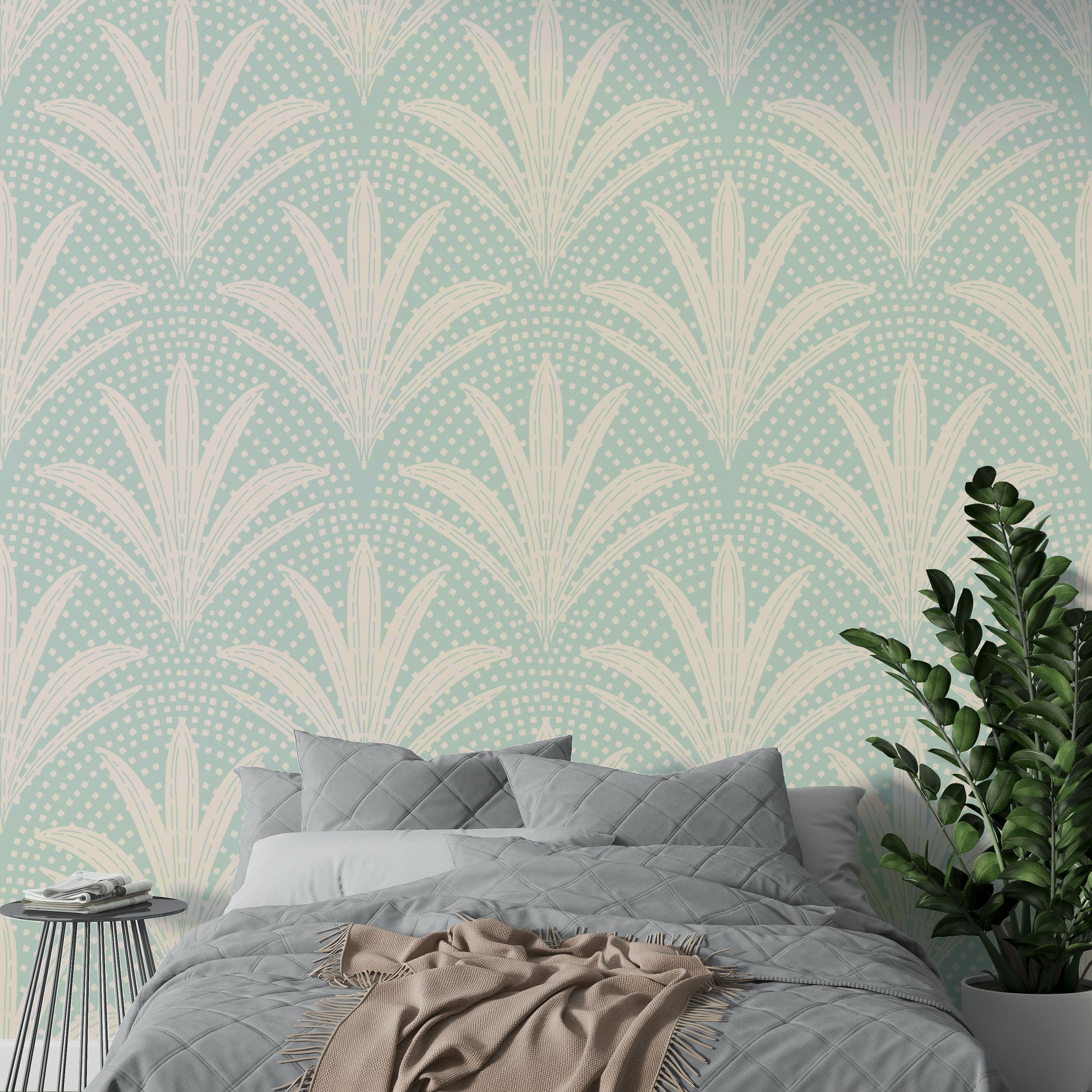 Soft blue wallpaper with boho rustic palm patterns

