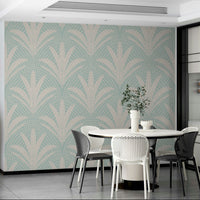Rustic palm leaf design wallpaper with soft blue hues

