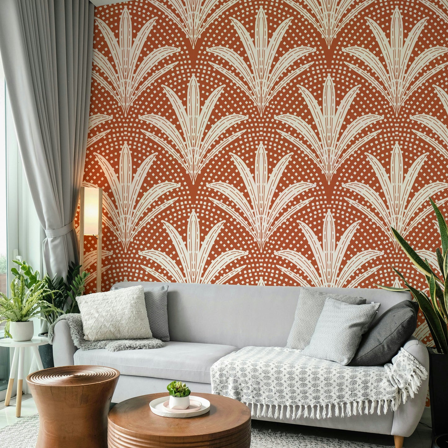 Boho rustic terracotta wallpaper with natural palm design

