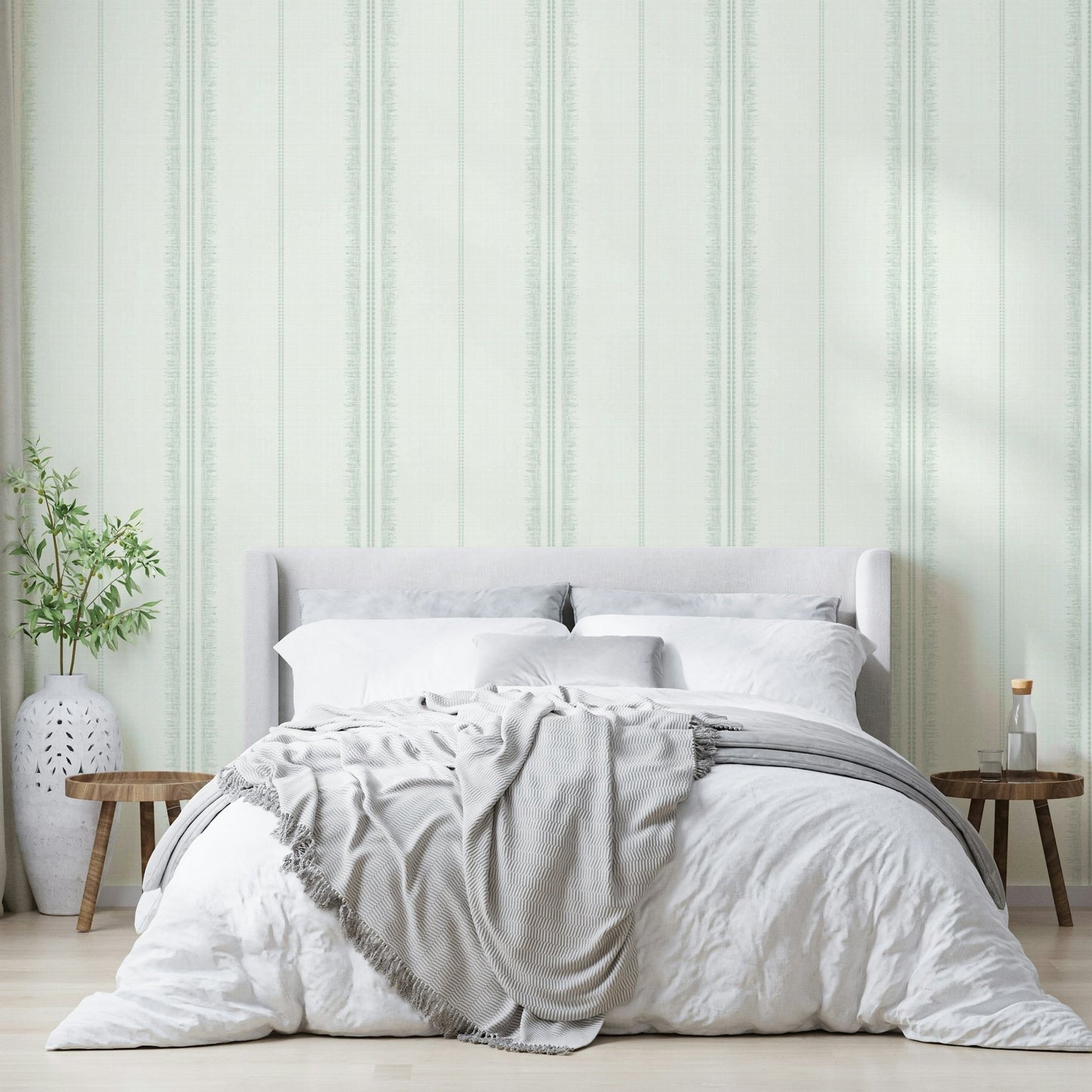 Soft sea green striped Boho wallpaper for bedrooms

