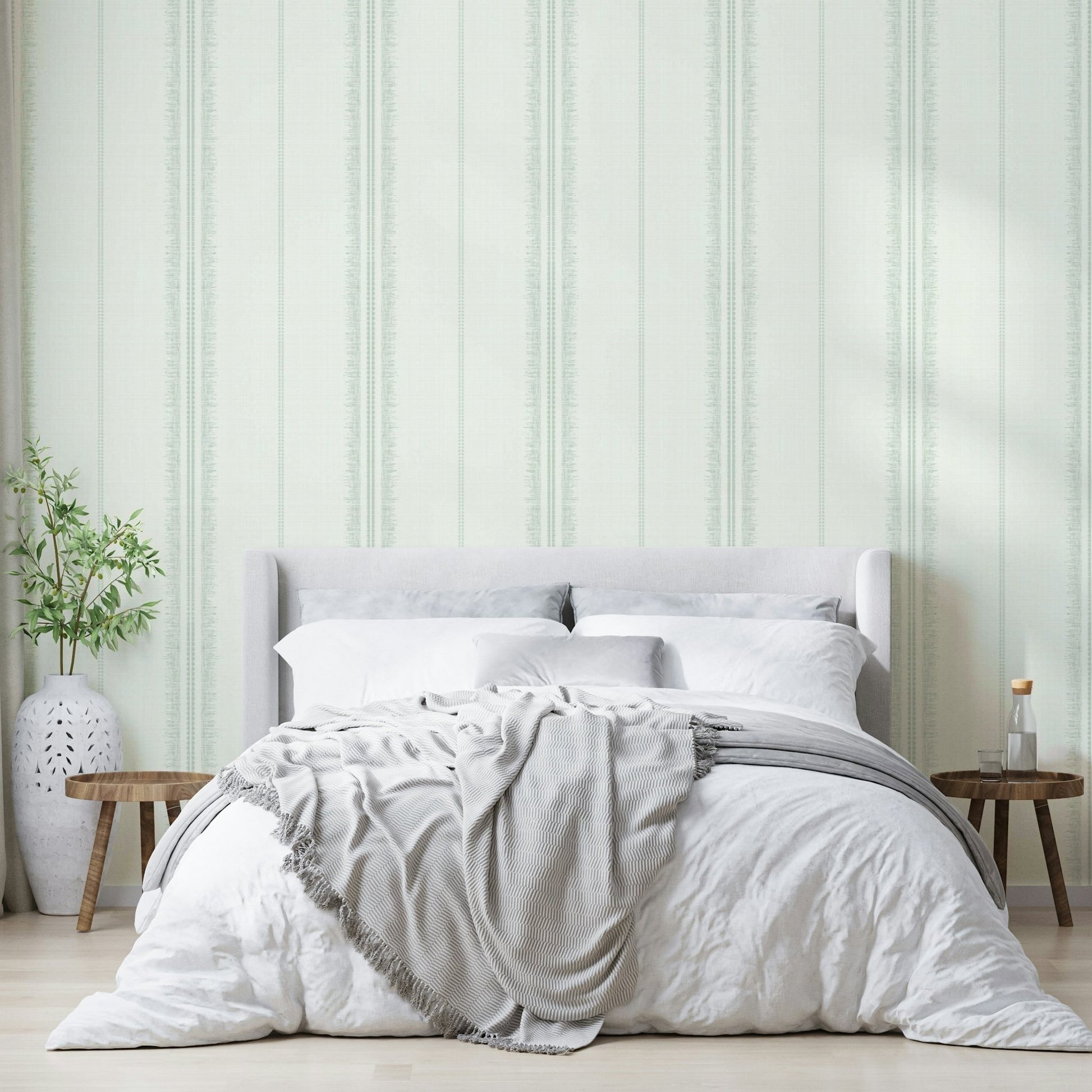 Soft sea green striped Boho wallpaper for bedrooms

