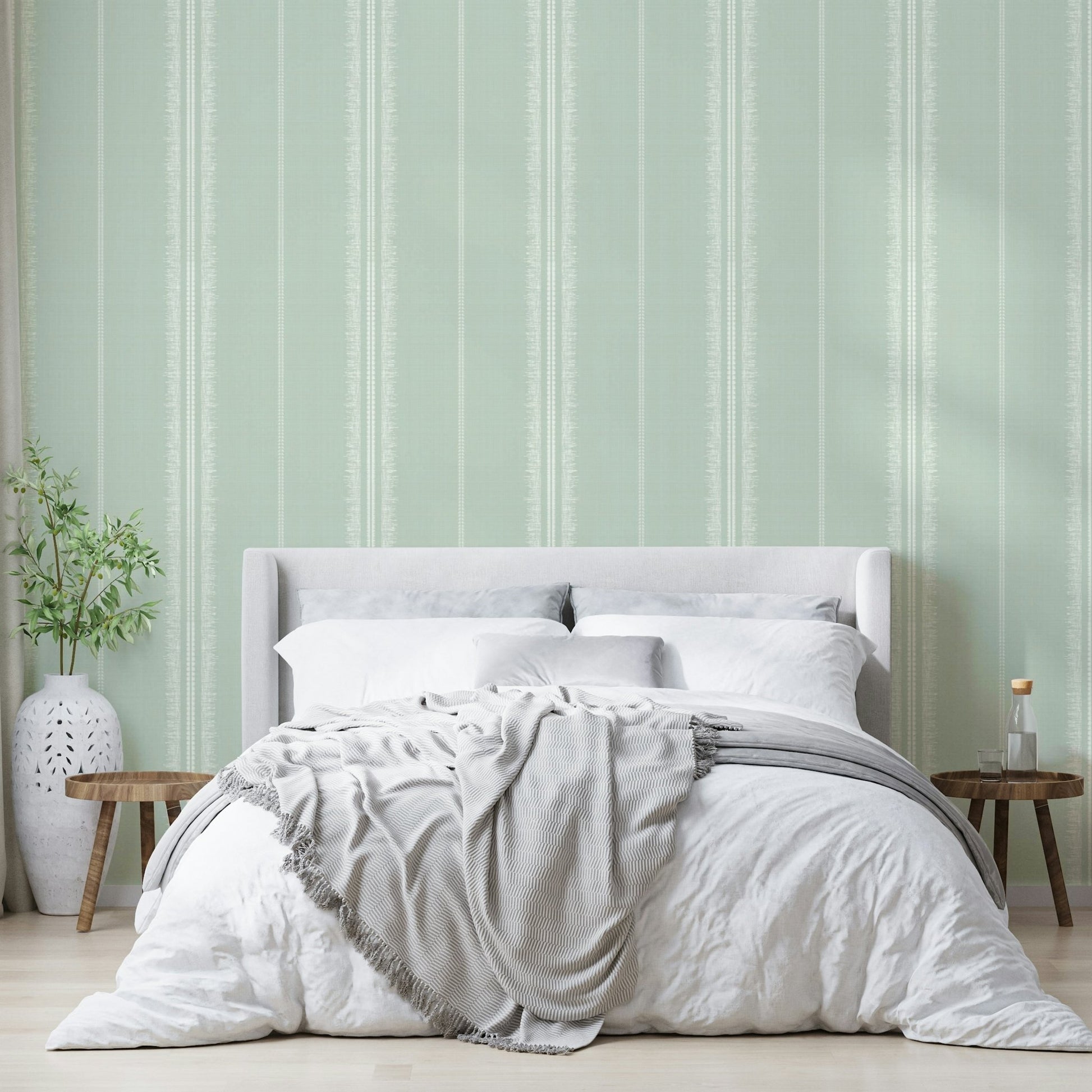 Soft sea green striped Boho wallpaper for bedrooms

